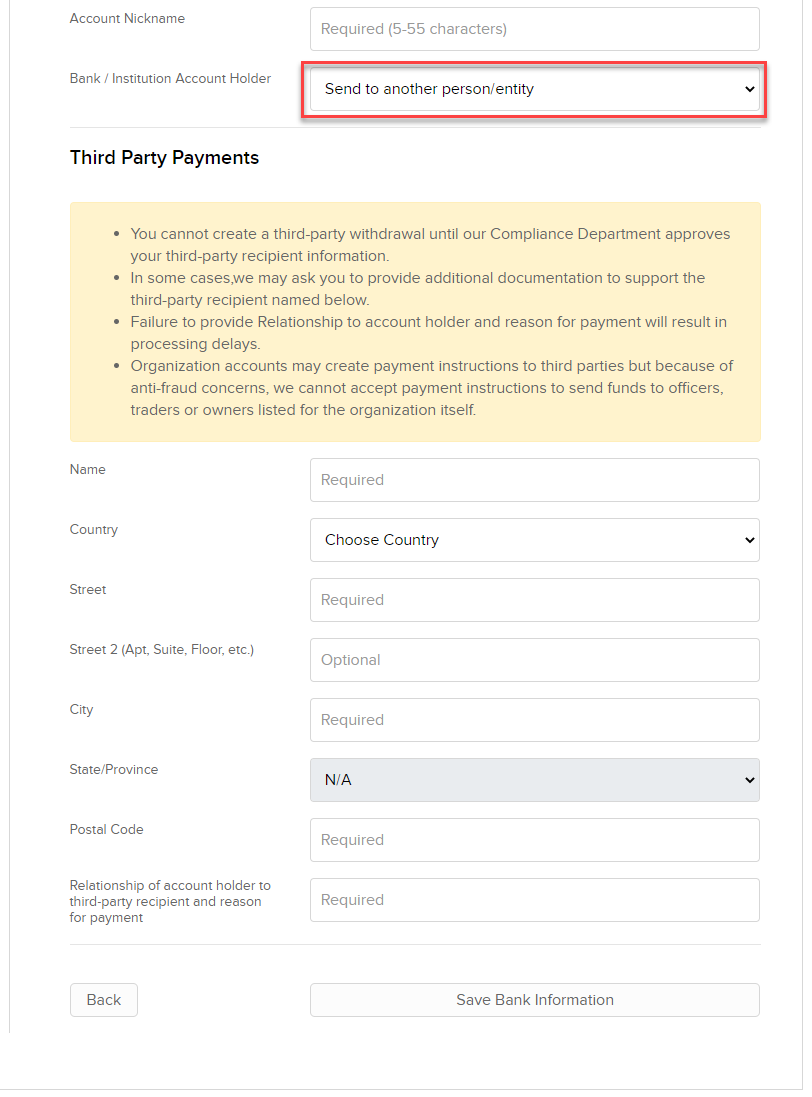 Image of the withdraw funds to a third-party panel in Portal. 