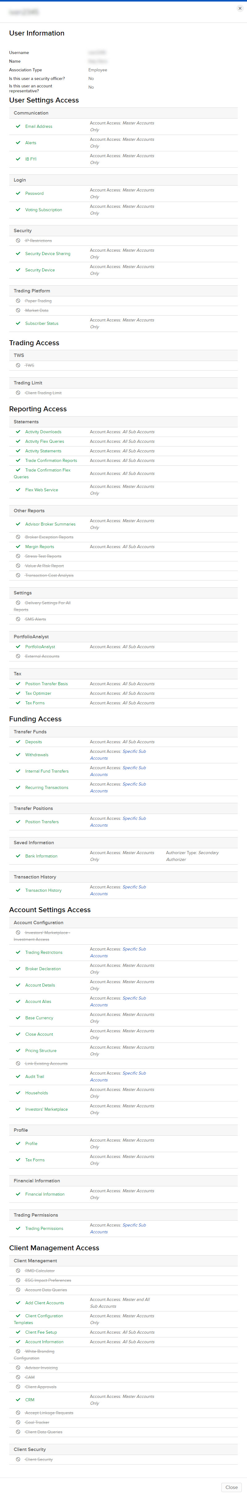 Image of the user information panel in Portal. 