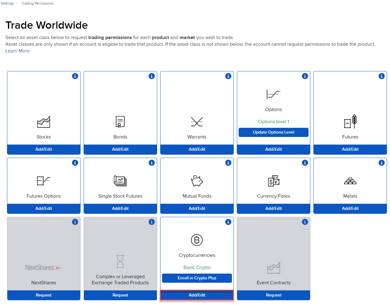 The cryptocurrencies trading permissions button in client portal. 