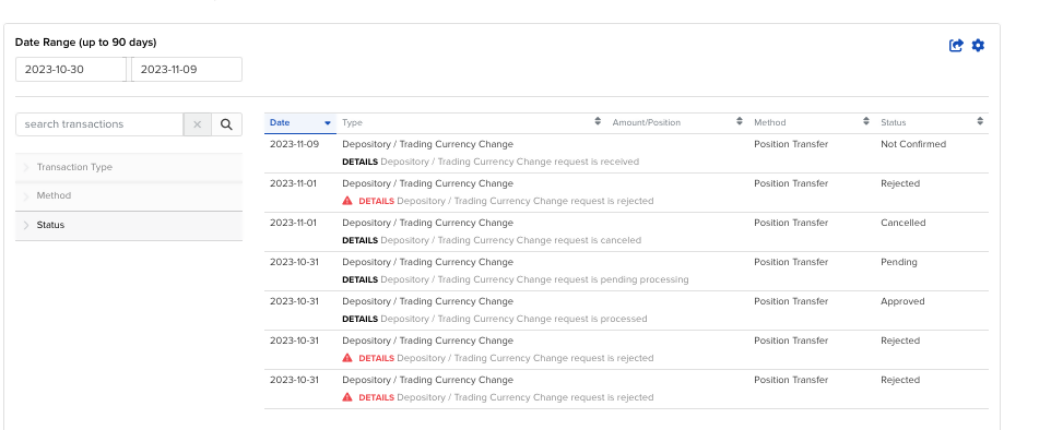 Image of the transaction history showing depository switch in portal. 