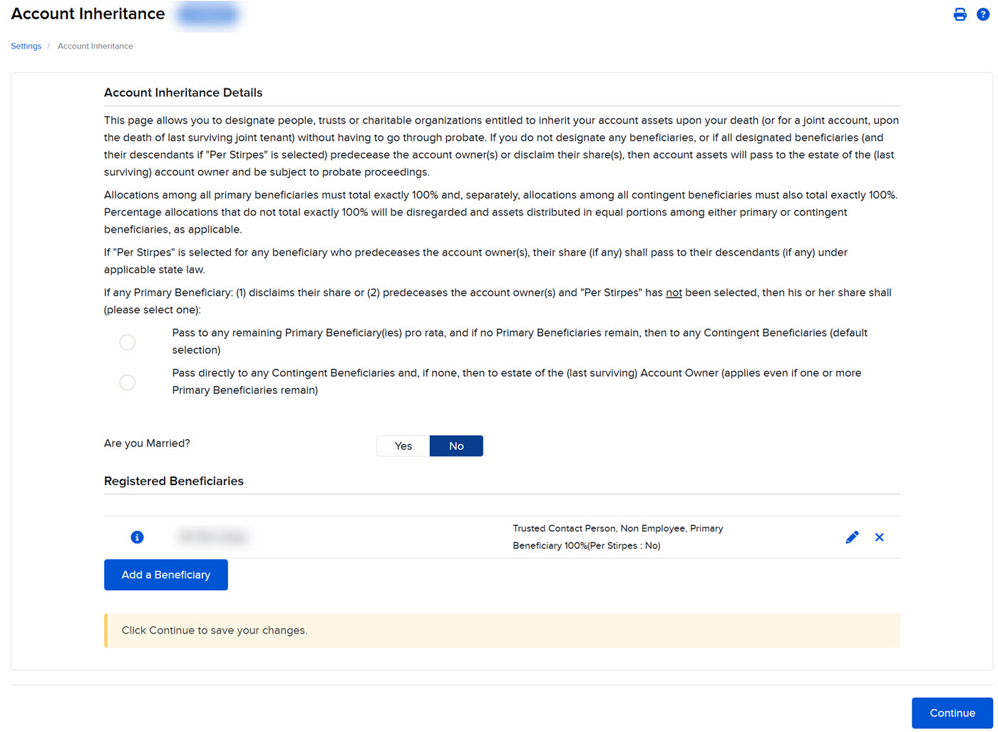The remove or modify a beneficiary panel in portal