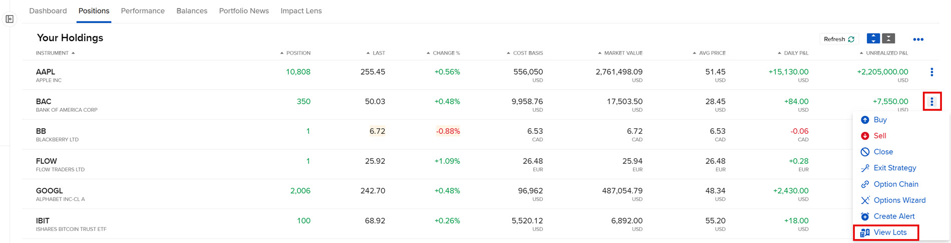 The view lots dropdown in Portal. 