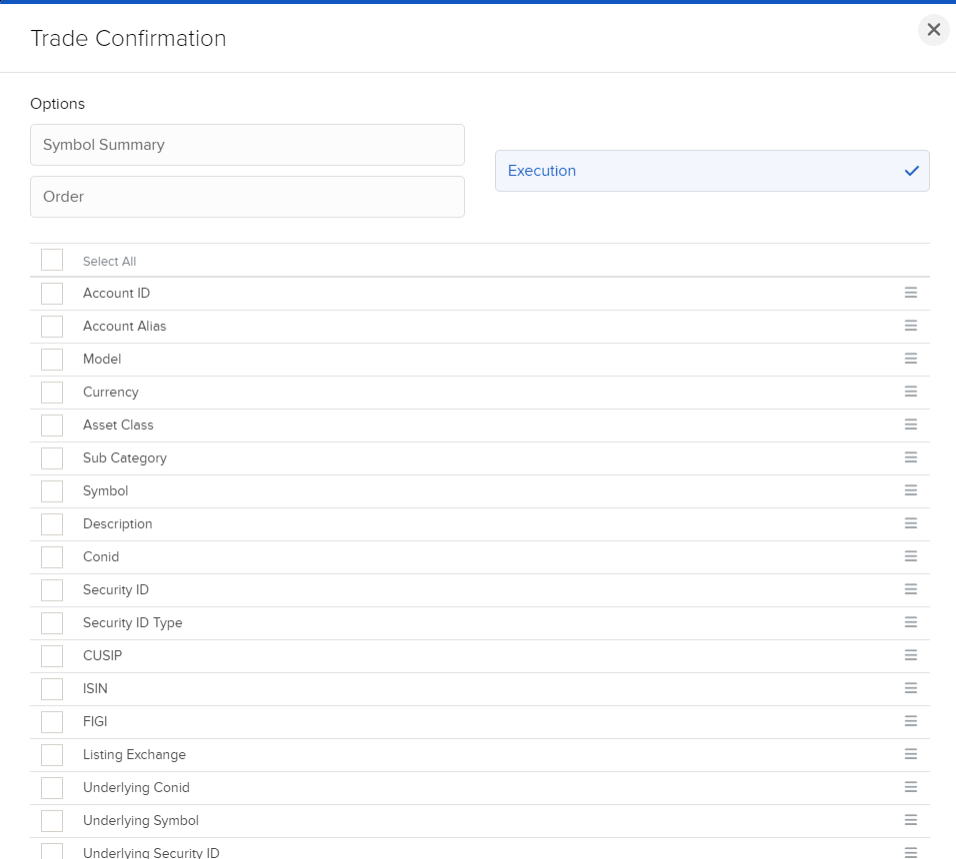 The trade confirmation flex query sections