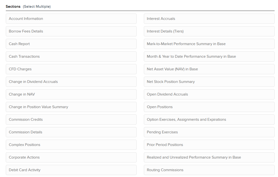 The activity flex query sections panel 