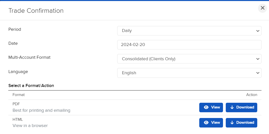 The trade confirmation panel. 