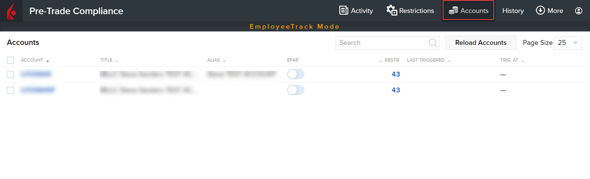 The pre-trade compliance accounts tab