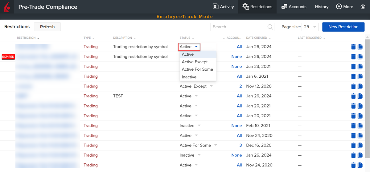 The pre-trade compliance status drop-down menu