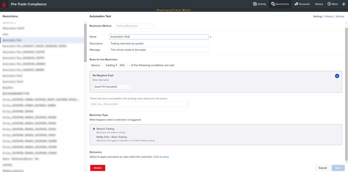 The pre-trade compliance modify restrictions settings panel. 