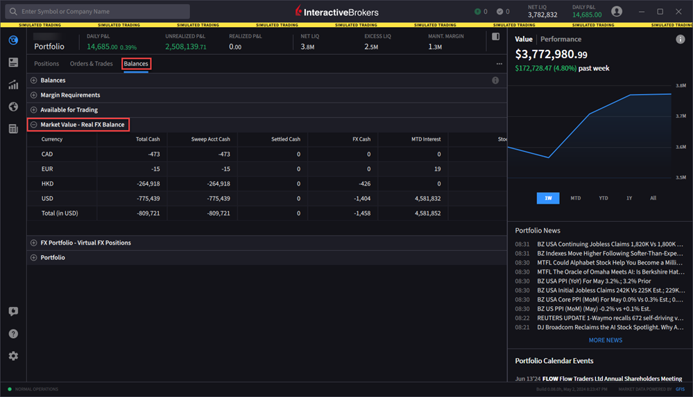 The portfolio balances market value - real FX balance section