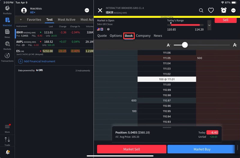 The BookTrader menu on the iPad