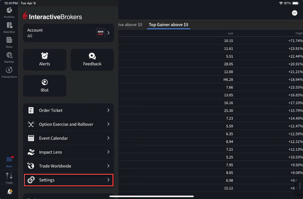 The account menu settings for the iPad