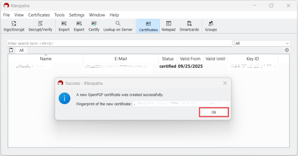 New OpenPGP certificate window. The new OpenPGP certificate pop up window.
