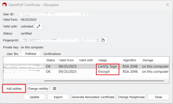 Ceritfy, Sign, Encrypt and add subkey Ceritfy, Sign, Encrypt and add subkey popup