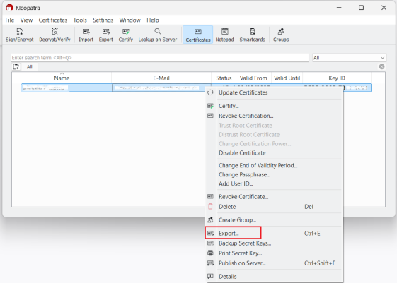 Export certificate The Export certificate pop up.