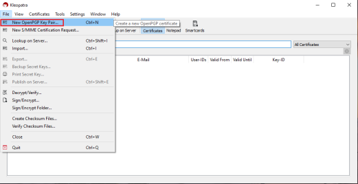 New OpenPGP Key Pair The new open PGP key pair menu
