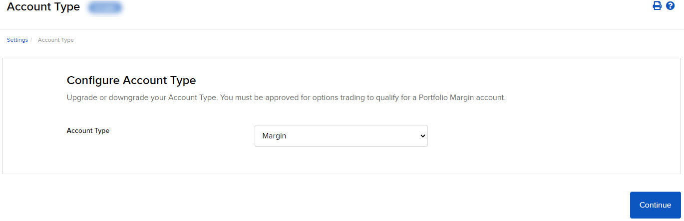 The account type panel in org. portal. 