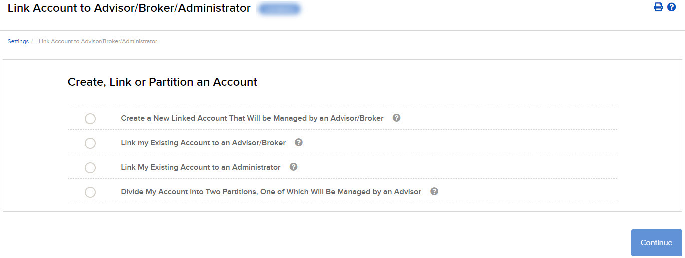 The create, link or partition an account panel in org. portal. 