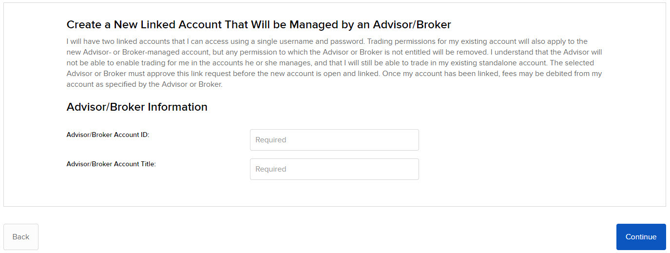 The create a new linked account that will be managed by an Advisor/Broker panel in org. portal.