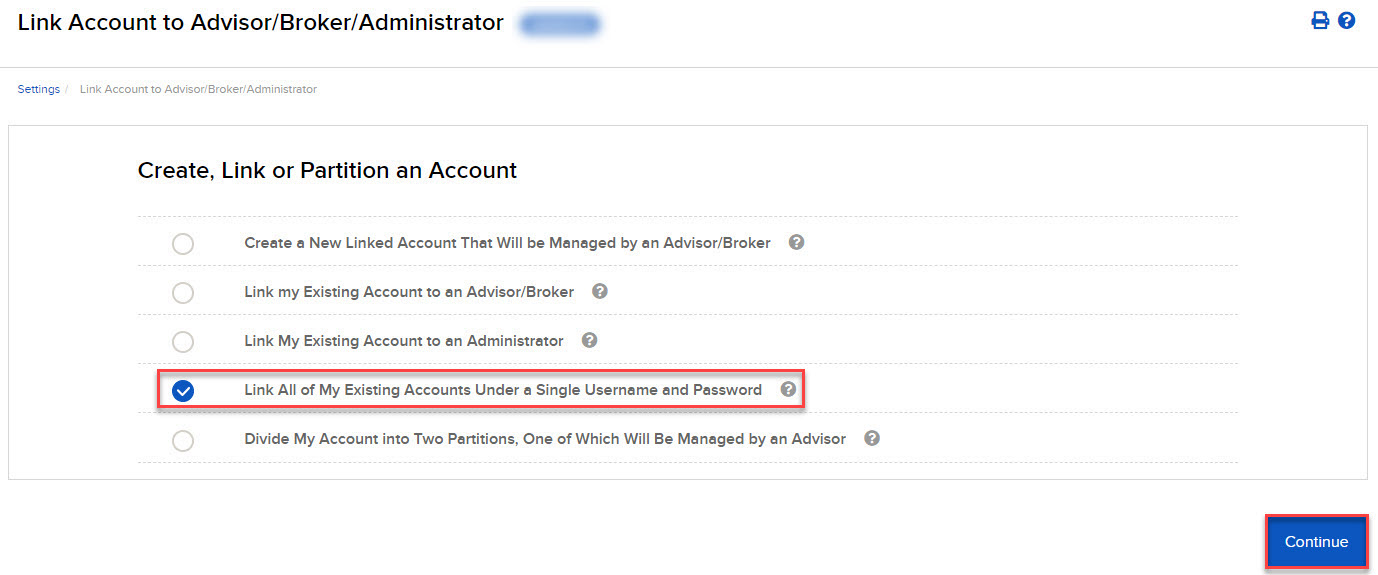 Selecting to link all of my existing accounts under a single username & password in org. portal. 