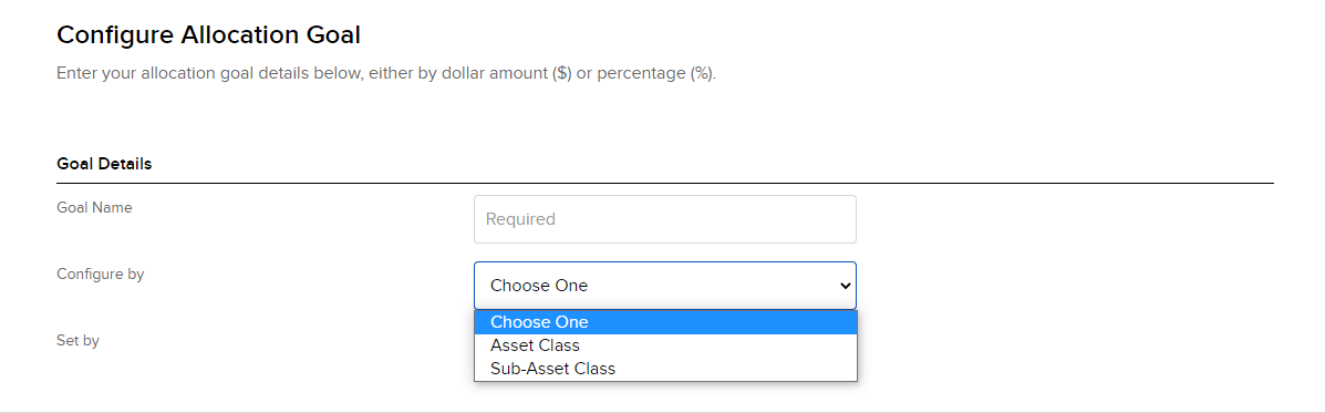 Image of the PortfolioAnalyst configure allocation goal. 