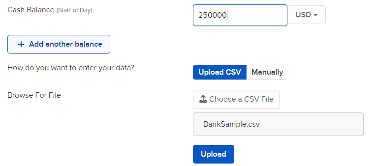 Image of the PortfolioAnalyst add data using CSV panel. 