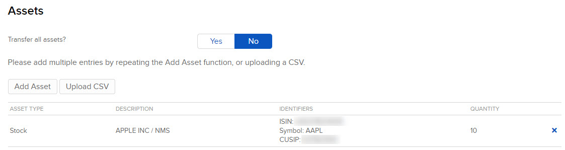 Image of the assets to transfer panel in Portal. 