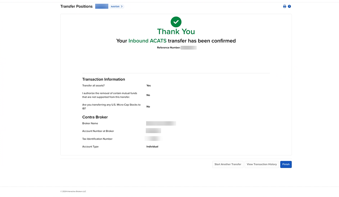 Image of the ACATS transfer confirmation page in portal. 