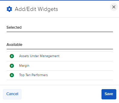 Image of the add/edit widgets panel in portal. 