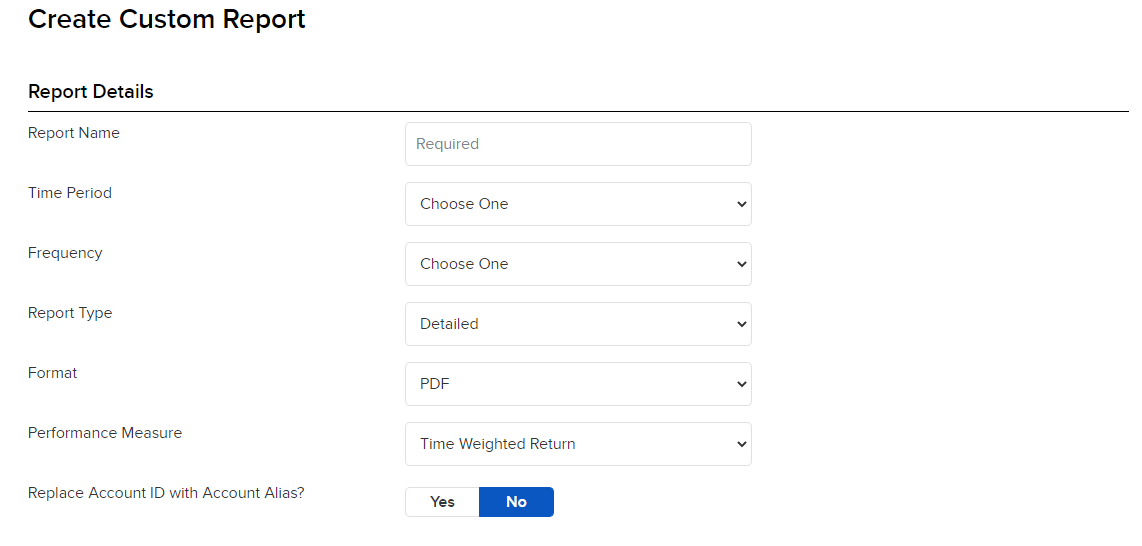 Image of the PortfolioAnalyst create a custom report panel. 