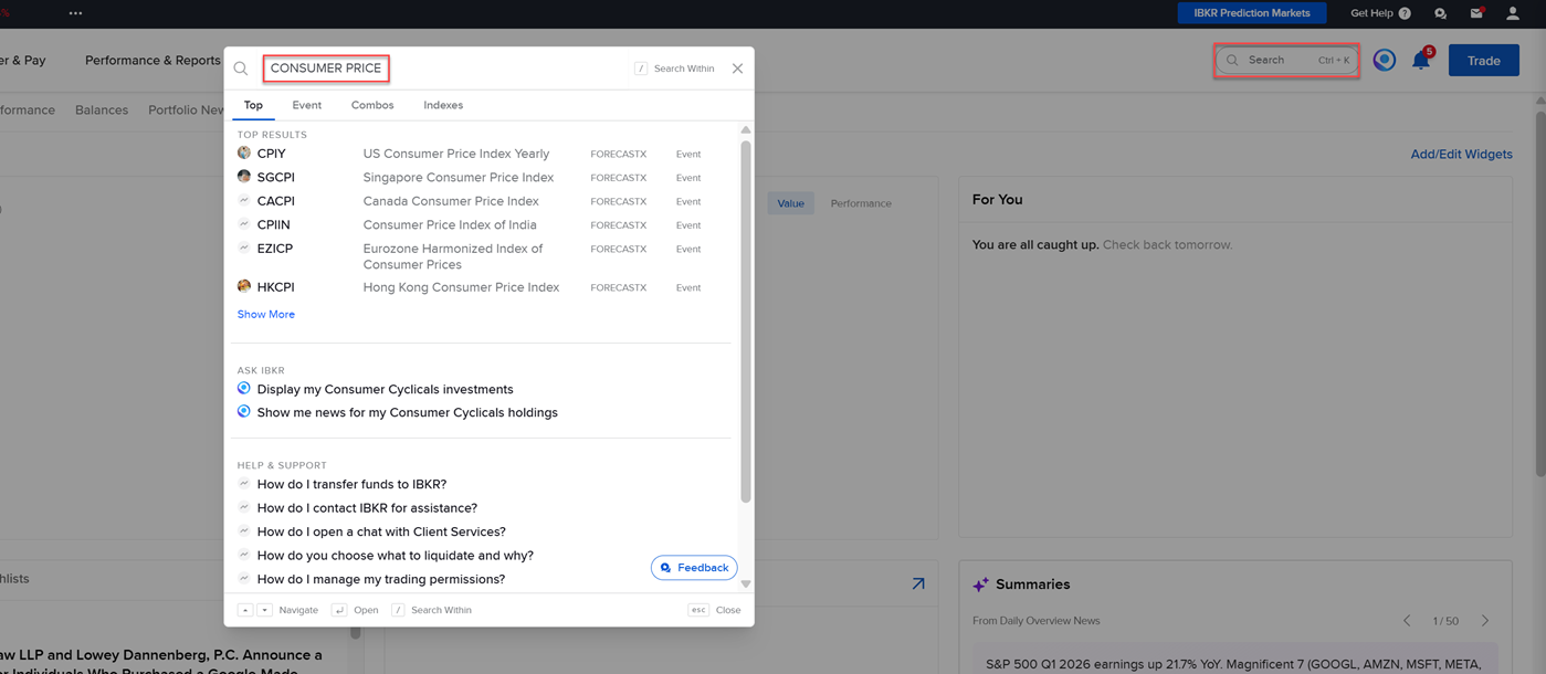 Search a IBKR Prediction Markets contract in Portal. 