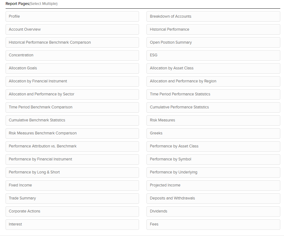 Image of the PortfolioAnalyst create a custom report details panel. 