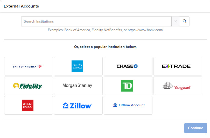 Image of the PortfolioAnalyst external accounts panel. 