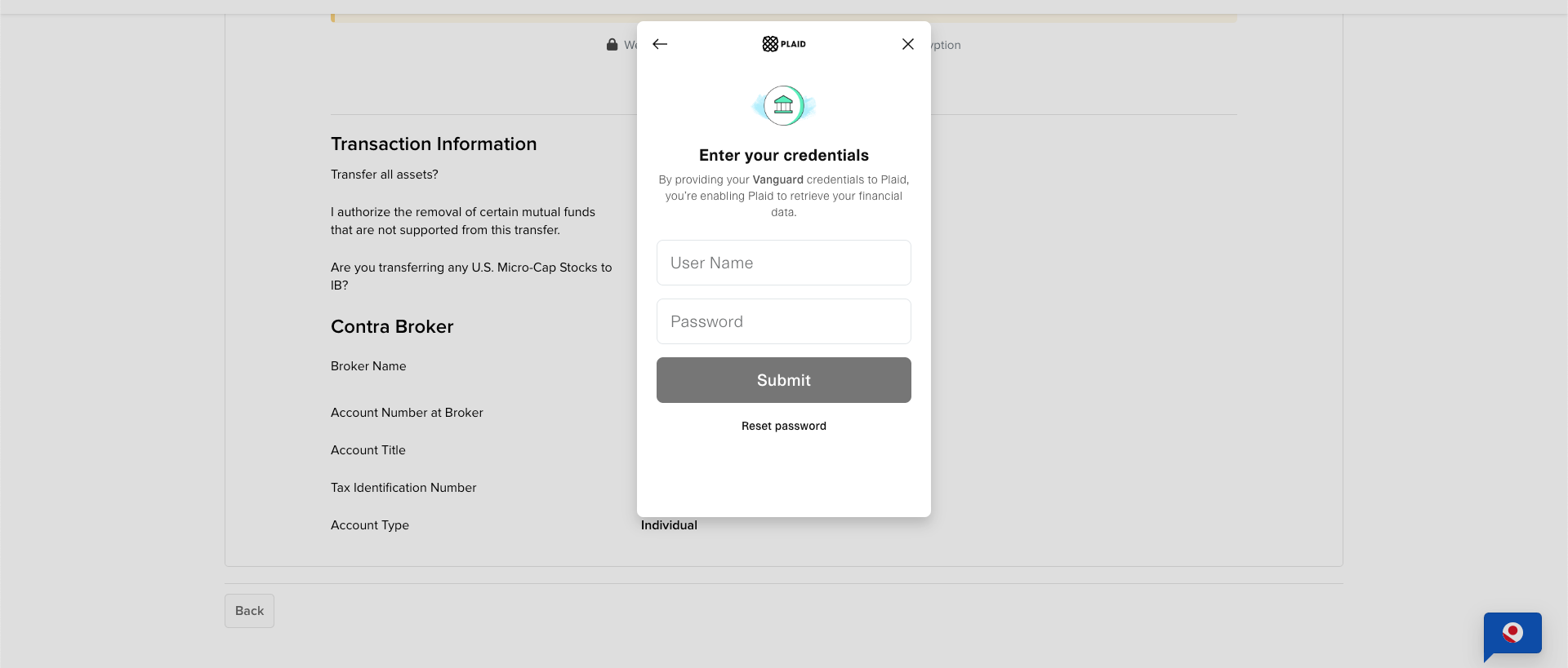 Image of the enter your credentials for the selected institution in portal. 