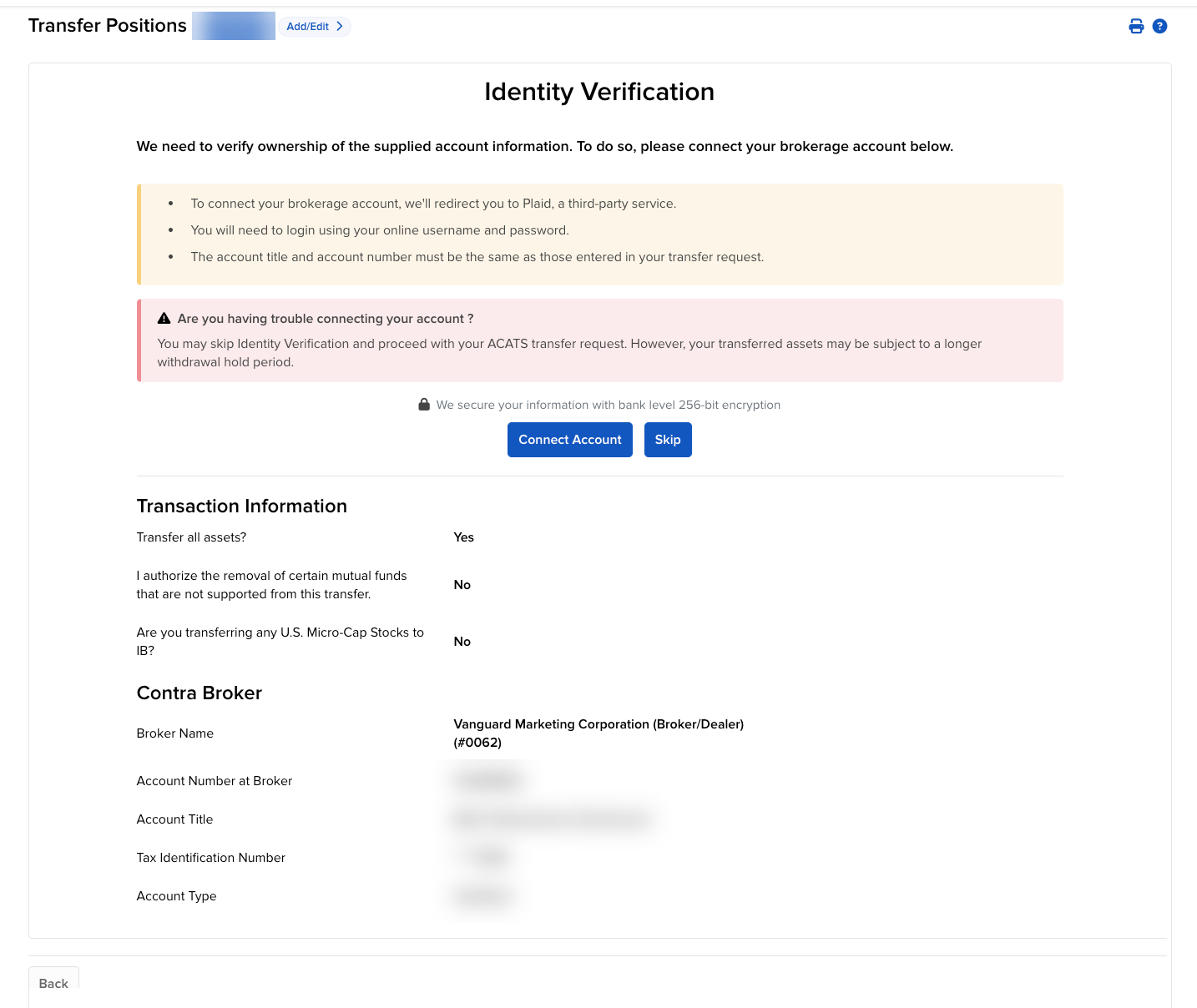 Image of the plaid verification connect account screen in portal. 