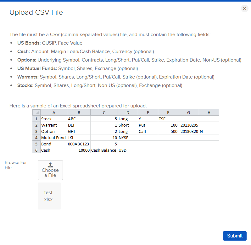 Image of the upload CSV panel in Portal. 