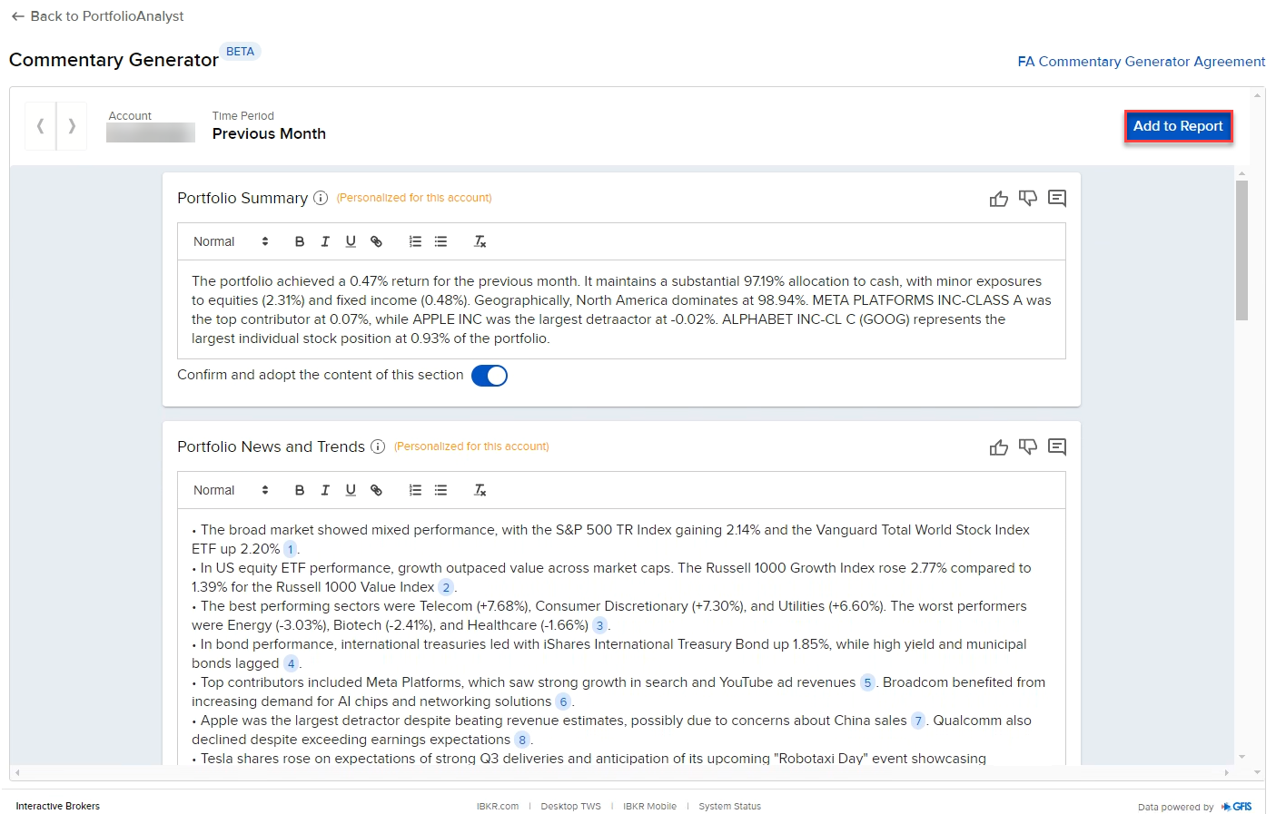 Image of the commentary generator preview in advisor portal. 