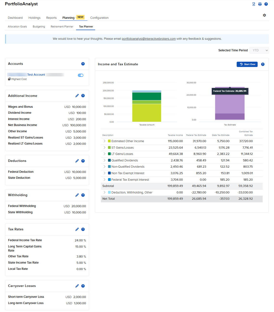 Income and Tax Estimate Section of Tax Planner