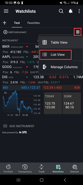 Simplified Watchlist View in Android