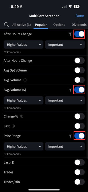 IBKR iOS Mobile MultiSort Screener Toggle Buttons