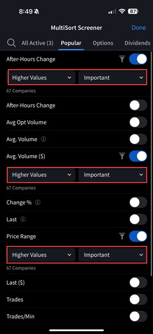 The IBKR iOS Mobile MultiSort Screener selecting preference and importance filters.