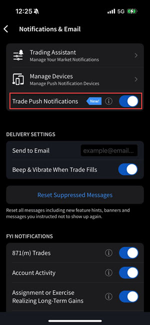 The IBKR iOS Mobile Trade Push Notifcations toggle button.
