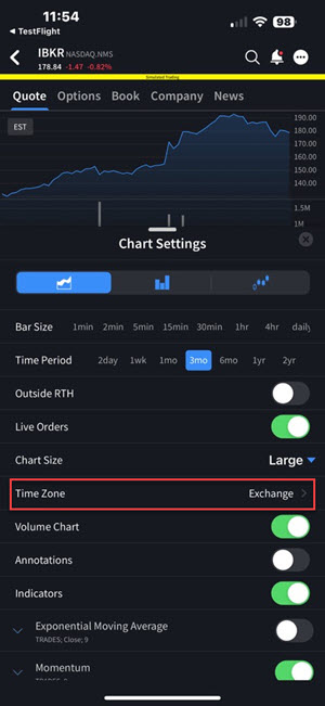 The IBKR iOS Mobile Chart View Settings