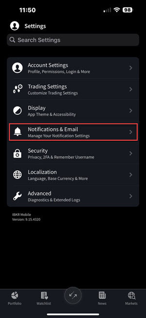 The IBKR iOS Mobile Trade Push Notifcations Setting.