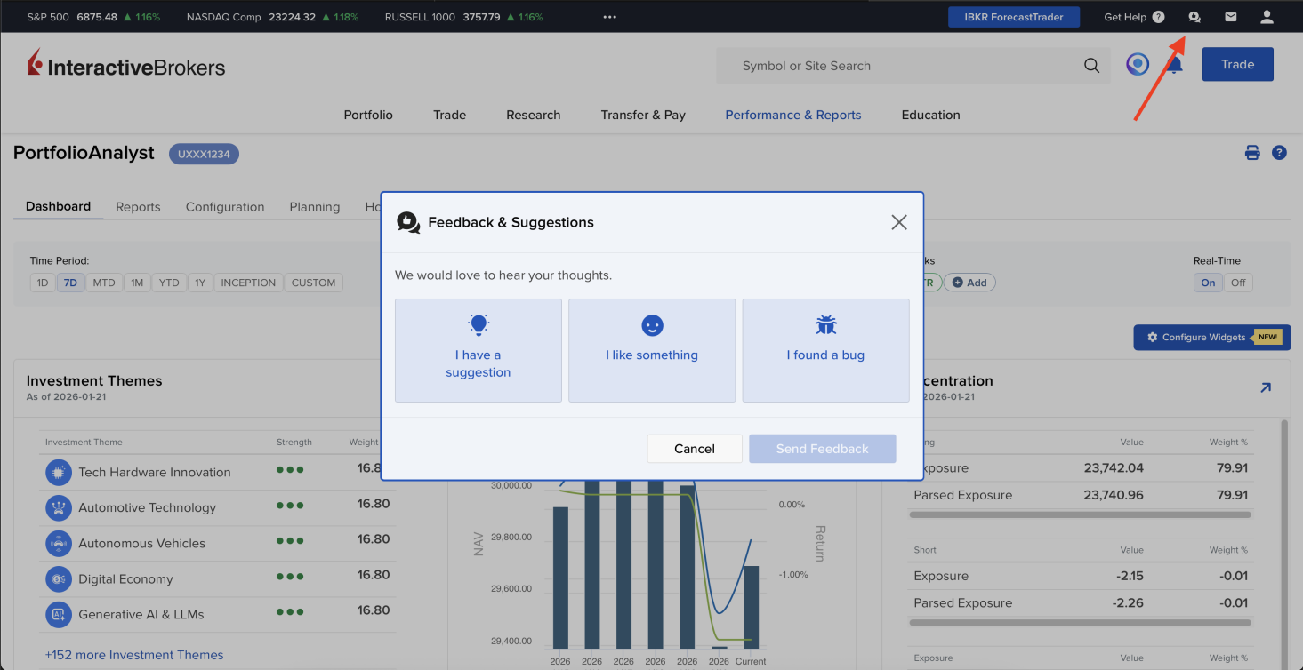 PortfolioAnalyst Feedback and Suggestions Modal