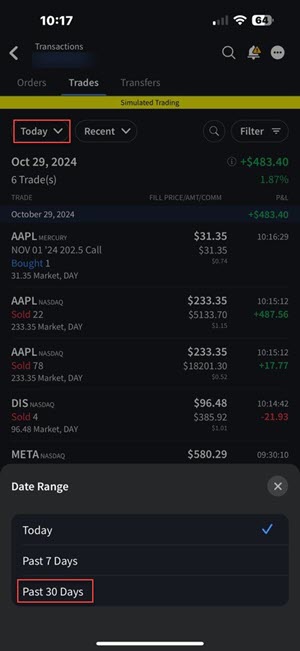 The IBKR iOS Mobile Transactions Screen.