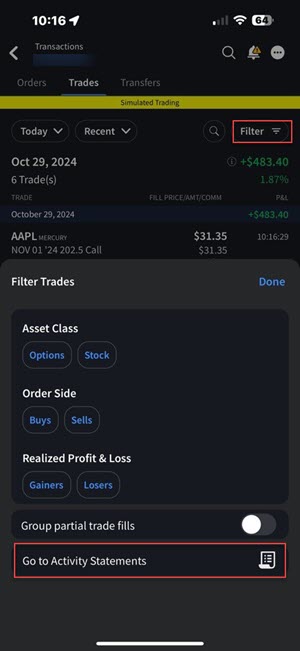 The IBKR iOS Mobile Activity Statements view.