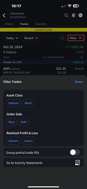 The IBKR iOS Mobile Transactions Screen with the filter button highlighted.