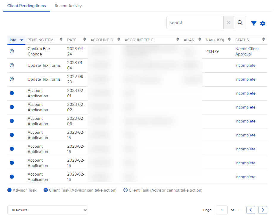 Image of the client pending items menu in Portal. 