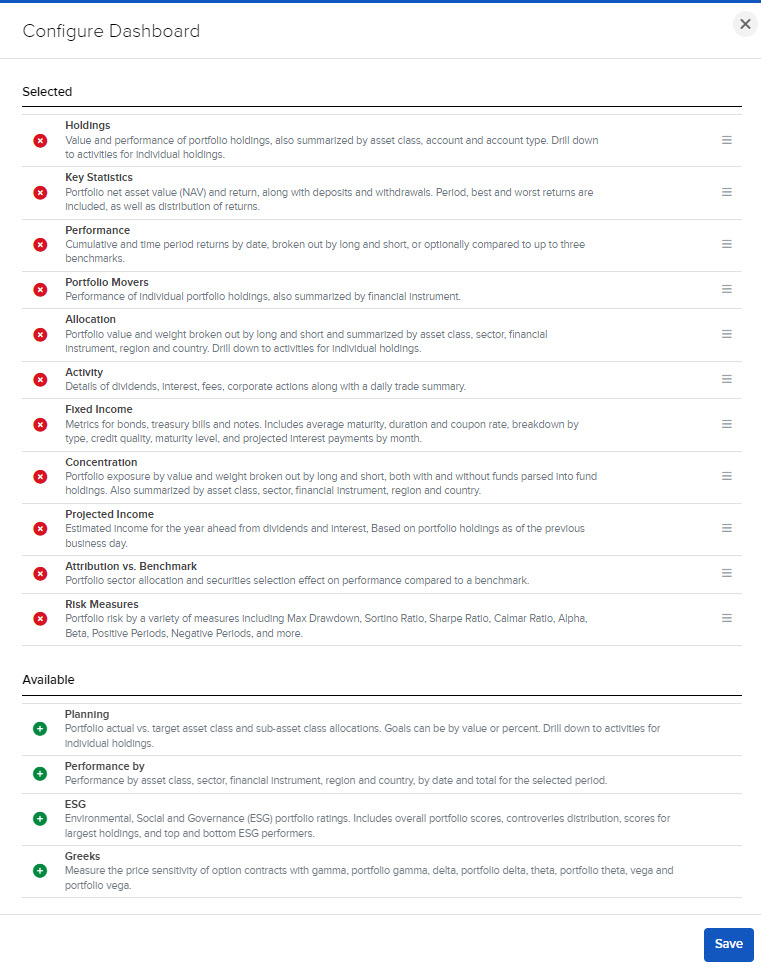 Image of the PortfolioAnalyst configure dashboard panel. 