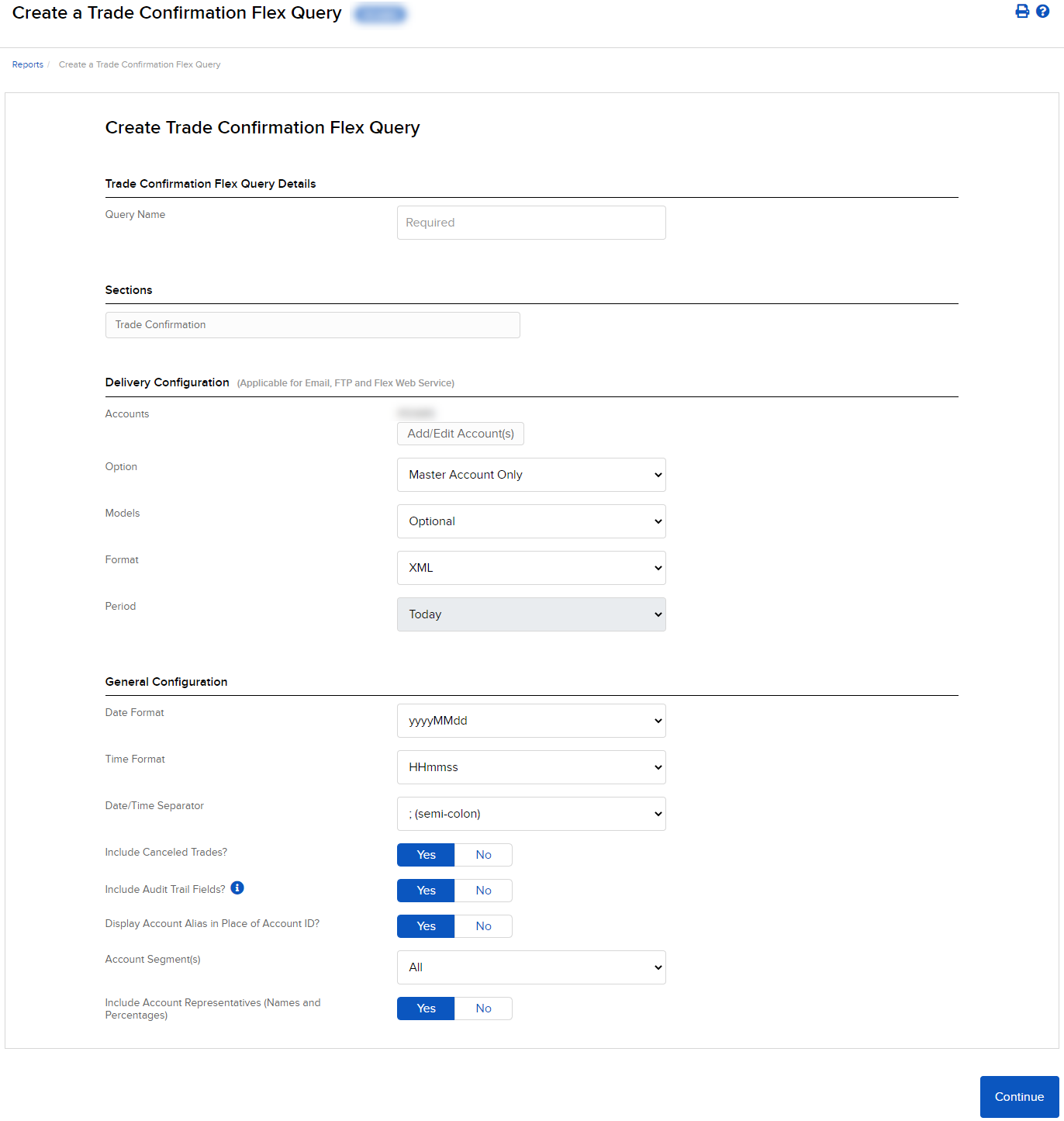 Image of the create a trade confirmation flex query panel in Portal. 